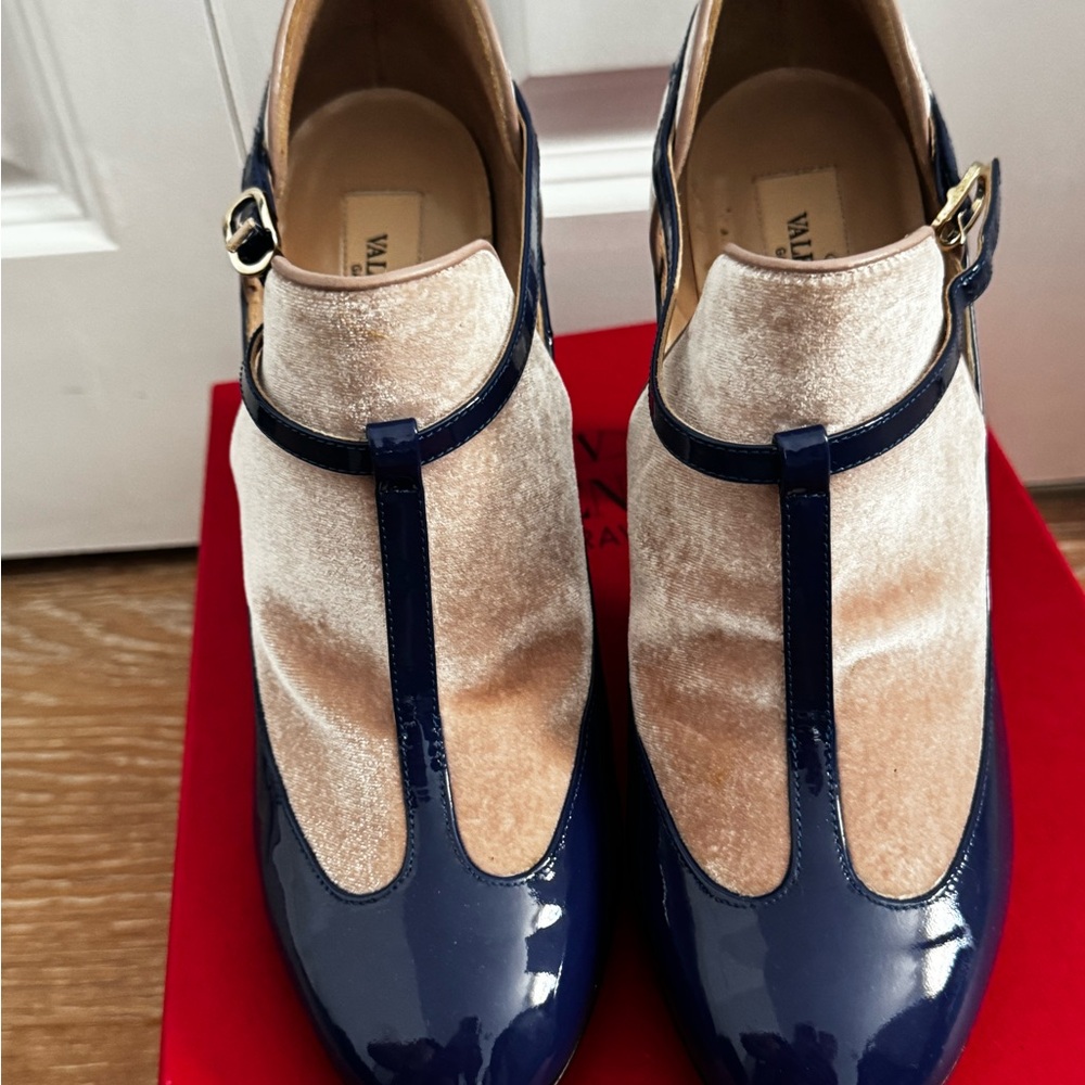 Valentino Women's Blue and Cream T-Strap Heels